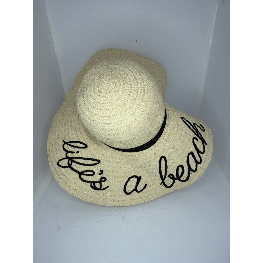 LTD Commodities‎ Lifes a Beach Embroidered Straw Sun Hat Tan Black Wide Brim